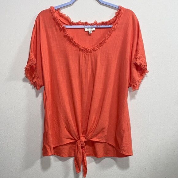 Umgee USA Linen Blend Tie Front Top Medium Orange Fringe Hem Boho Casual Blouse - Picture 3 of 10
